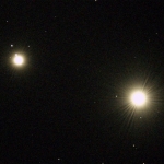 Setkání Venuše a Jupitera 1.3.2023 v 18:54 SEČ, dalekohled Vespera, expozice 20 sekund